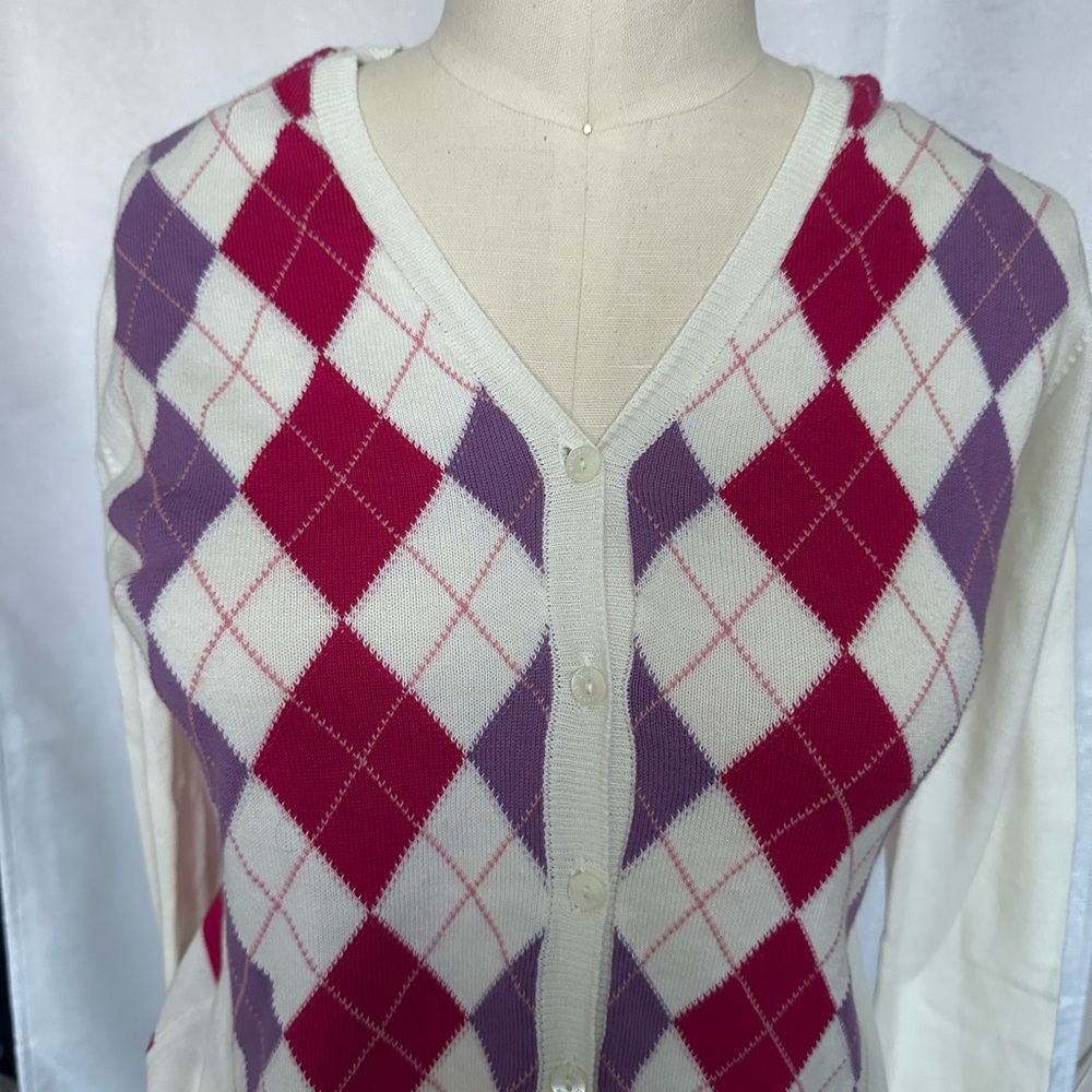 Burberry Women's Argyle Cardigan Sweater - Purple and Pink